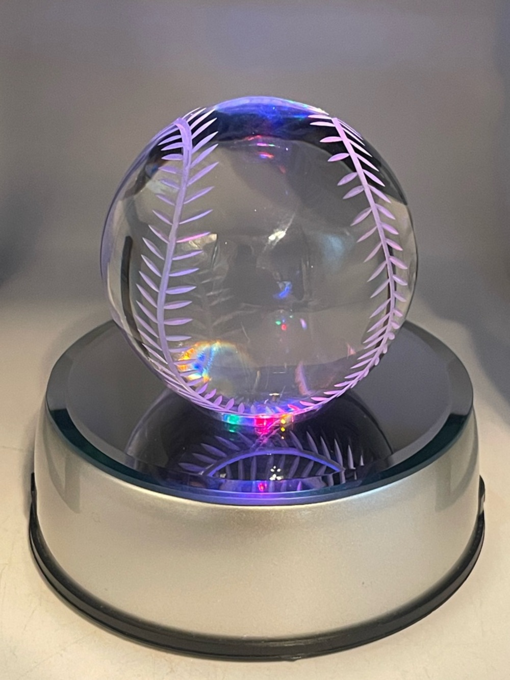 Vintage 3” Clear Crystal Display Baseball Paperweight Sphere w/ Etched Stitching